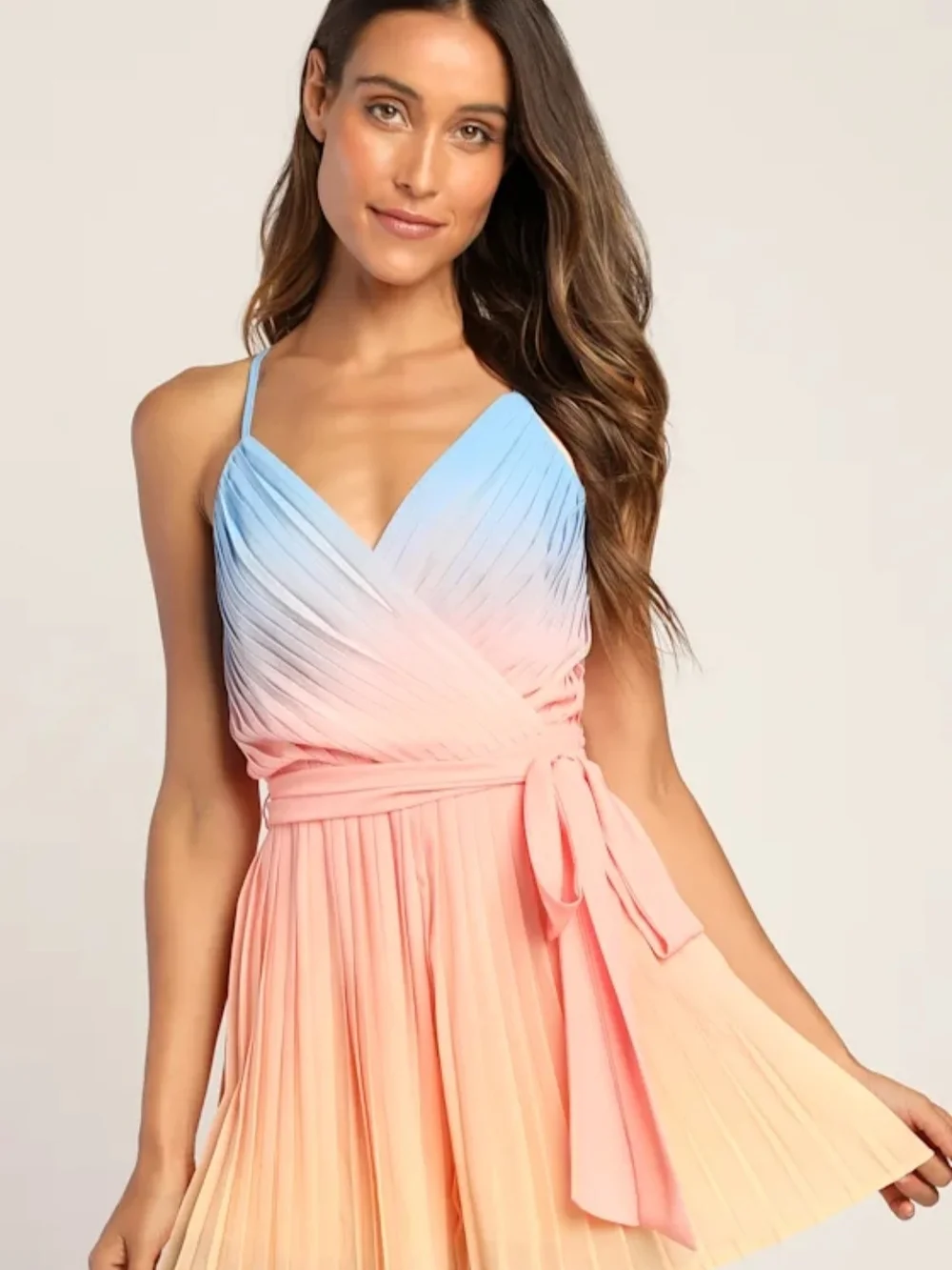 Ombre Pleated Halter Romper - Blue to Peach